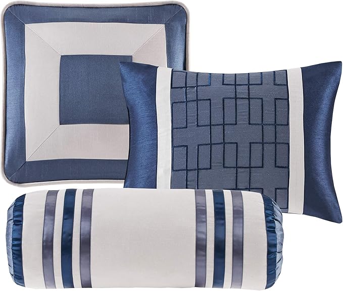 Madison Park Cozy Comforter Set-Deluxe Hotel Collection, All Season Down Alternative Luxury Bedding with Matching Shams, Decorative Pillows, Cal King(104"x92"), Genevieve, Navy 7 Piece
