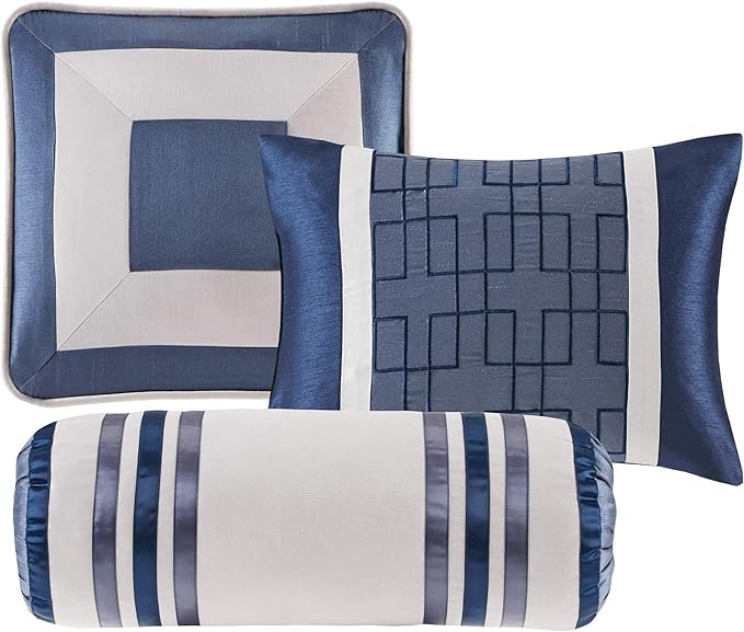 Madison Park Cozy Comforter Set-Deluxe Hotel Collection, All Season Down Alternative Luxury Bedding with Matching Shams, Decorative Pillows, Queen(90"x90"), Genevieve, Navy 7 Piece