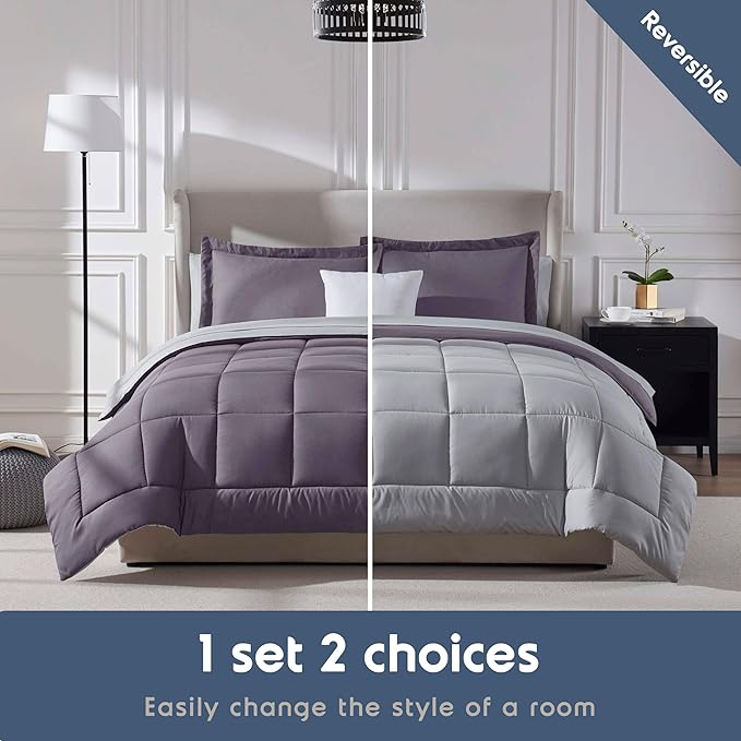 Nestl 9 Piece Queen Comforter Set – Grayish Purple Reversible Bed in a Bag – Complete Queen Size Bedding Set with Sheets, Set of 2 Down Alternative Pillows, Pillowcases and Shams