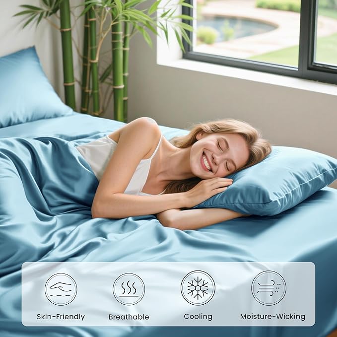 Love's cabin 4 Piece Queen Sheet Set, 100% Rayon Derived from Bamboo, Cooling & Breathable, Soft Silky Deep Pocket up to 16", Hotel Luxury Bedding for Hot Sleepers, Aqua