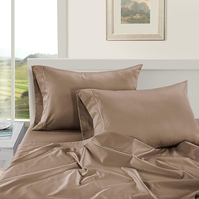 LANE LINEN Pillows Standard Size Set of 2, Soft 100% Egyptian Cotton Sateen, Cool & Smooth Pillowcases Queen - Taupe