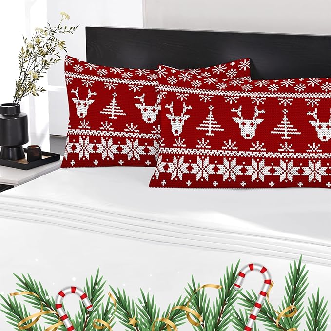 YIYEA Christmas Pillow Cases Standard Size Set of 4, Ultra Soft Double Brushed Microfiber Red Pillowcases and Christmas Reindeer Pillow Covers, Envelope Closure, Fade Resistant (20"x26")