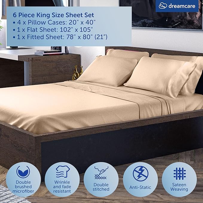 DREAMCARE King Size Sheets Set - 6 pcs Breathable Cooling Bed Sheets - up to 21" Extra Deep Pocket King Sheet Set with Side Pockets - Extra Soft 100% Brushed Hypoallergenic Hotel Luxury Bedding, Wheat