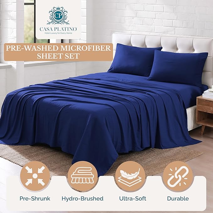 Casa Platino Twin Sheet Set, Pre-Washed Ultra Soft & Breathable, Brushed Microfiber Twin Sheets, Fade Resistant, Bed Set with Deep Pockets - Navy