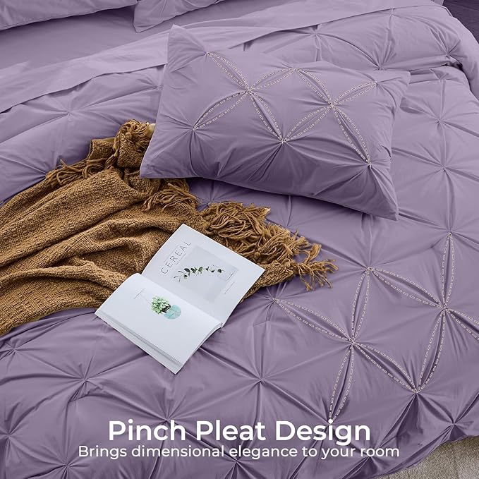 Sasttie Twin Comforter Set, 5-Piece Bed in a Bag, Pintuck Bedding Sets for All Season, Includes Comforter, Flat Sheet, Fitted Sheet, Pillowcase and Pillowsham, New Purple