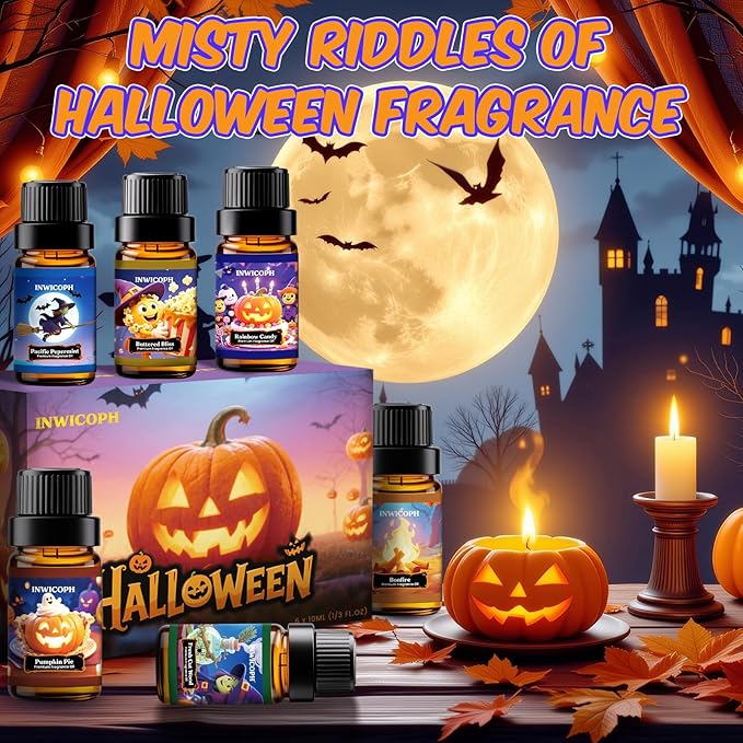 Halloween Fragrance Oils, Premium Essential Oils for Diffuser, Scented Oils for Candle & Soap Making - Pumpkin Pie, Fresh Cut Wood, Bonfire, Rainbow Candy, Pacific Pepermint, Buttered Bliss