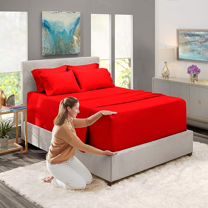 Hearth & Harbor Extra Deep Pocket Sheets - Fits Mattress 18-24 Inches Deep - Extra Deep Pocket Twin XL Sheets Sets - 4 Piece Twin XL Size - Cherry Red