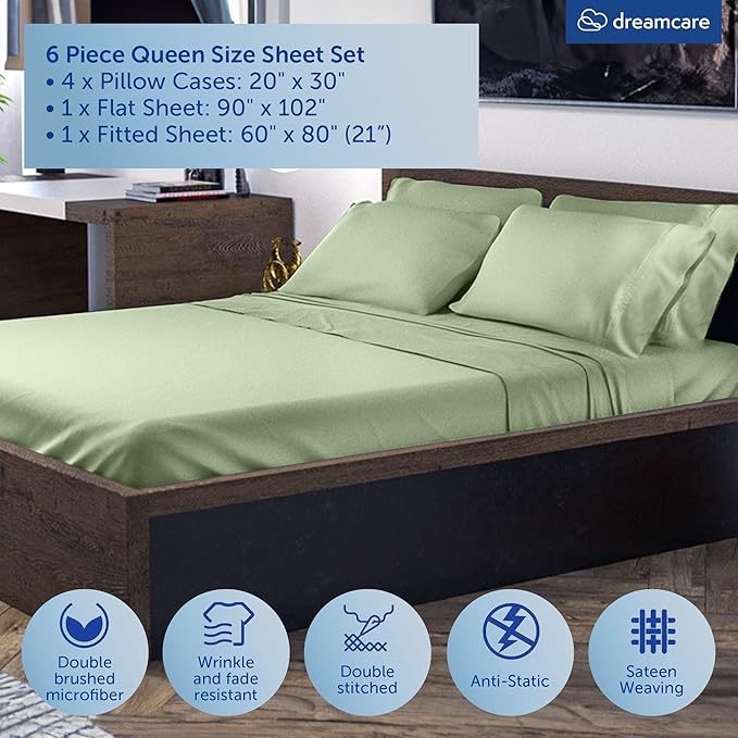 DREAMCARE Queen Sheet Set - 6 pcs Breathable Cooling Bed Sheets - up to 21" Extra Deep Pocket Queen Sheets Set with Side Pockets - Extra Soft 100% Brushed Hypoallergenic Hotel Luxury Bedding SageGreen