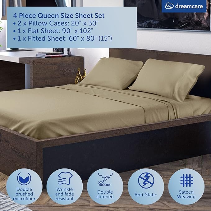 DREAMCARE Queen Sheet Set – 4 pcs Cooling Sheets – up to 21” Deep Pocket Queen Sheets – Hotel Luxury Sheets & Pillowcases – Superior Softness 100% Fine Microfiber with Side Pocket, Eucalyptus