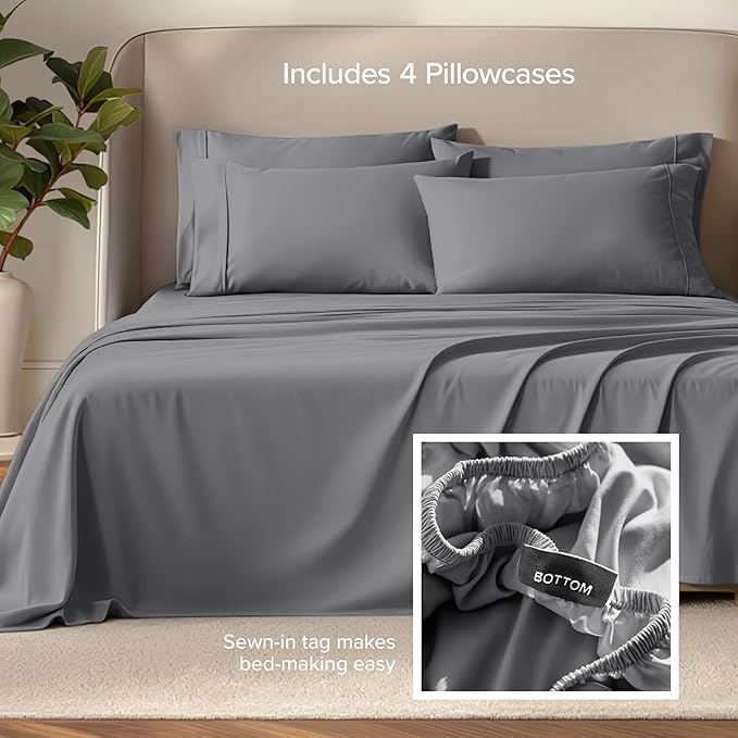 Bare Home Hotel Luxury Full XL Sheet Set, Extra Soft - 6 Piece Set - Deep Pockets - Easy Fit - Cooling & Breathable - Wrinkle, Fade, Stain Resistant - Includes 4 Pillowcases (Full XL, Grey)