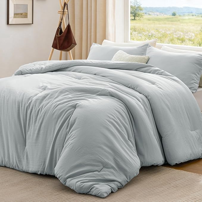 Love's cabin Twin/Twin XL Comforter Set Light Grey, 2-Piece 90% Polyester 10% Linen Blend Bedding Set, Linen-Look Textured Stripe, Down Alternative All-Season Comforter with Pillow Sham | Soft, Breathable, Lightweight