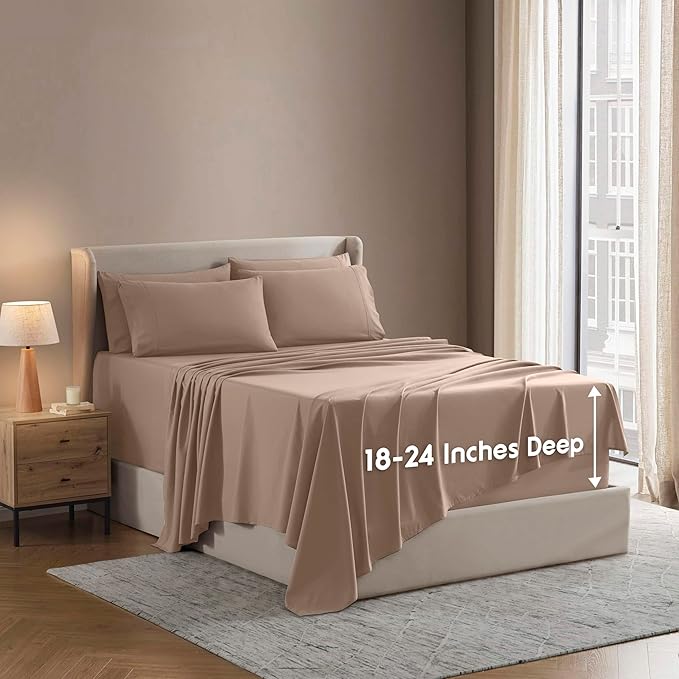 Nestl Extra Deep Cal King Sheet Set - 6 Piece Breathable & Cooling Sheets - Hotel Luxury Bedding Set w/18-24 Inch Deep Pockets - Easy & Secure Fit - Super Soft, Wrinkle Free & Comfy - Taupe Sand