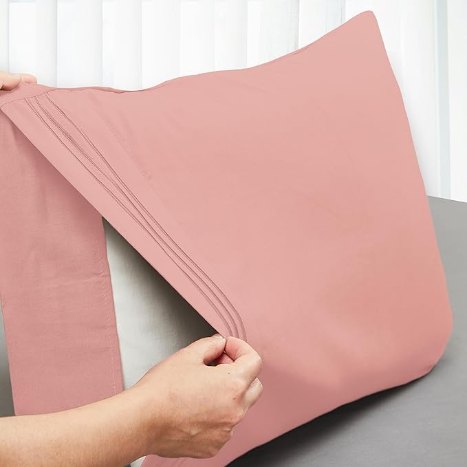 Mocassi 2-Piece Premium Standard/Queen Pillowcase Set 1800 Series Hotel Quality Microfiber - Soft and Breathable with 3-Line Embroidery Wrinkle and Stain Resistant, Easy Care, 20" x 30", Peach Pink