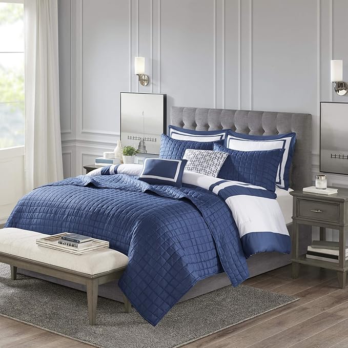 Madison Park Heritage Comforter Quilt Combo Set - Modern Luxury Design, All Season Down Alternative Bedding, Matching Shams, Decorative Pillows, Full/Queen(90"x90"), Color Block Navy 8 Piece