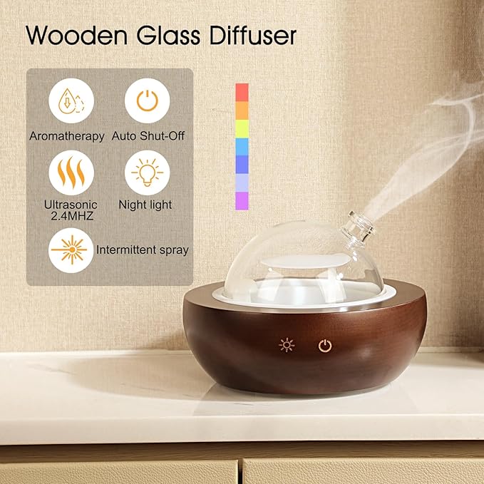 Glass Essential Oil Diffuser,Real Wood Base,The 2024 Upgrade Aromatherapy Diffuser,Aroma Diffuse Humidifier,LED Light in 7 Colors，Suitable for Home Office Bedroom-Brown