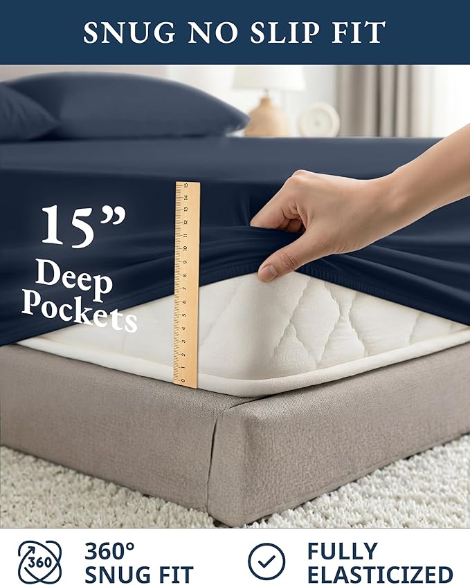 LANE LINEN Eco Friendly 100% Organic Cotton Bed Sheets Queen Size, Soft & Comfy Percale Weave, Fully Elasticized Mercerized Naturally Cooling Cotton Sheets Queen Size Set- Navy