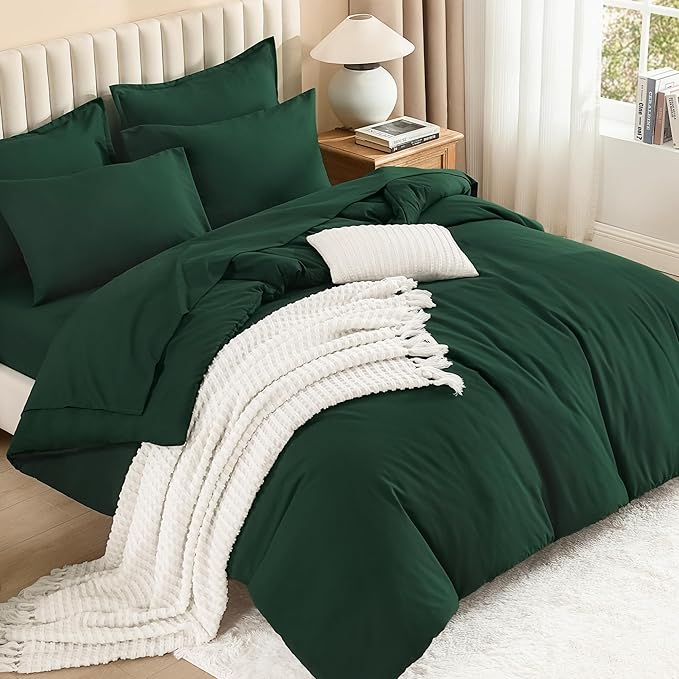Litanika Super King Comforter Sets Emerald Green - 7 Pieces Bed in a Bag Oversized King Bedding Comforter Sets, Solid Lightweight Bed Set with Comforter, Sheets, Pillowcases & Shams