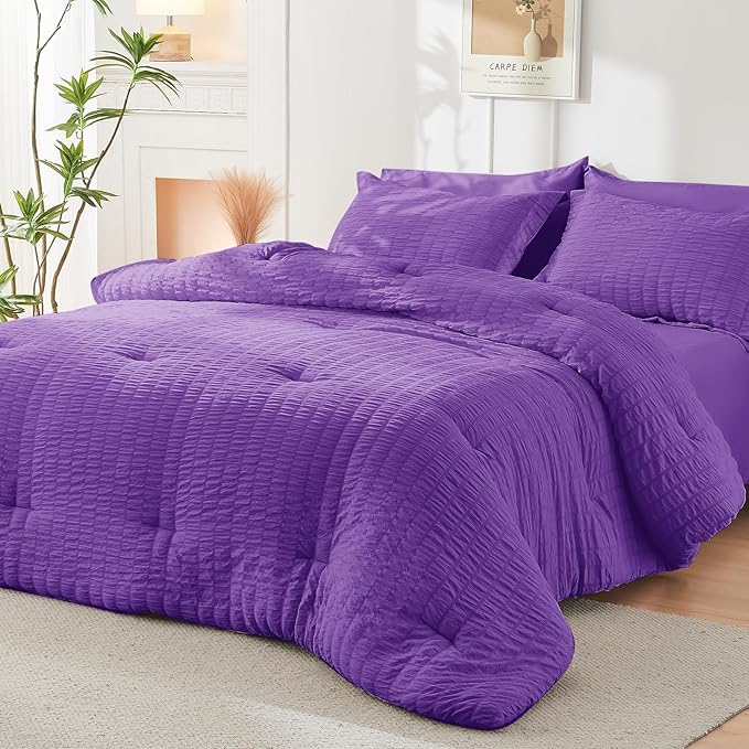 HYMOKEGE Bright Purple Full Size Comforter Sets Seersucker 7 Pieces, All Season Luxury Bed in a Bag for Bedroom, Bedding Set with Comforter, Sheets, Pillowcases & Shams