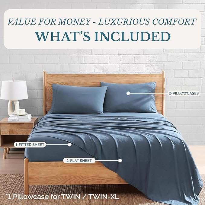 Casa Platino Queen Bed Sheets Set, Ultra Soft & Cozy Queen Sheet, Pre Washed Brushed Microfiber Bed Sheets Queen, Deep Pocket Sheet Sets Queen Size Fits 8 to 15 inch Deep Mattress- Estate Blue