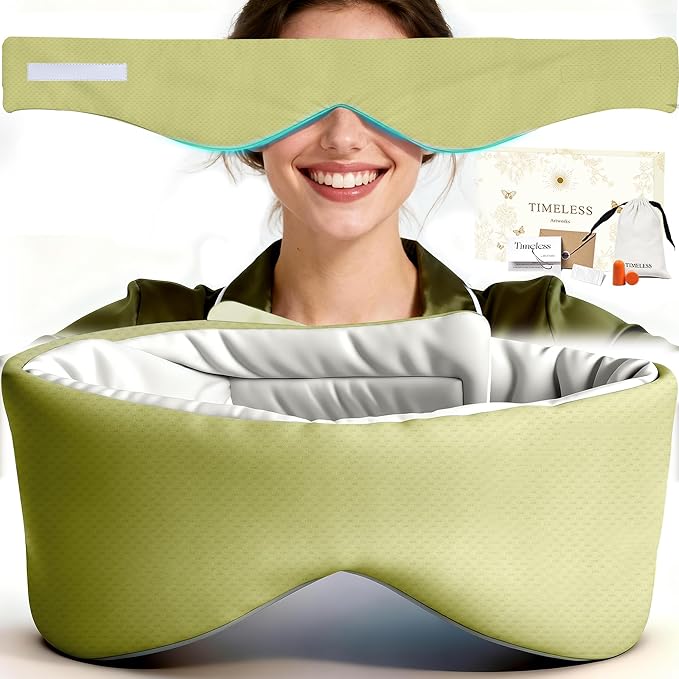 Reversible Full-Cover Meadow Mint White Cotton Eye Mask for Sleep, Adjustable Breathable Wrap, Lightweight Total-Dark Blindfold for Sleep Travel, Holiday Gift Kit for Women Girl Men Adults
