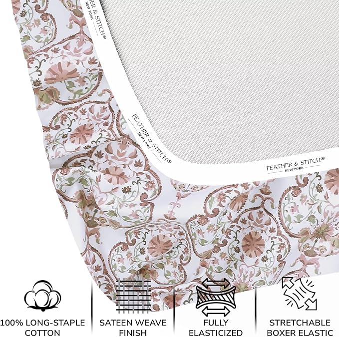 Feather & Stitch Printed 500 TC Queen Size 4pc Damask Bed Sheet Set, 100% Soft Cotton Breathable Bedsheets, 18" Deep Pockets Sateen Weave Striped Bedding Mattress Resort Hotel Luxury - Floral Bloom
