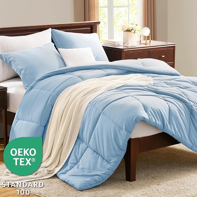 CozyLux Queen Comforter Set Baby Blue - 3 Pieces Box Stitched Comforters Queen Size, Soft Bed Set for All Seasons, Lightweight Bedding Sets with 1 Down Alternative Comforter and 2 Pillow Shams