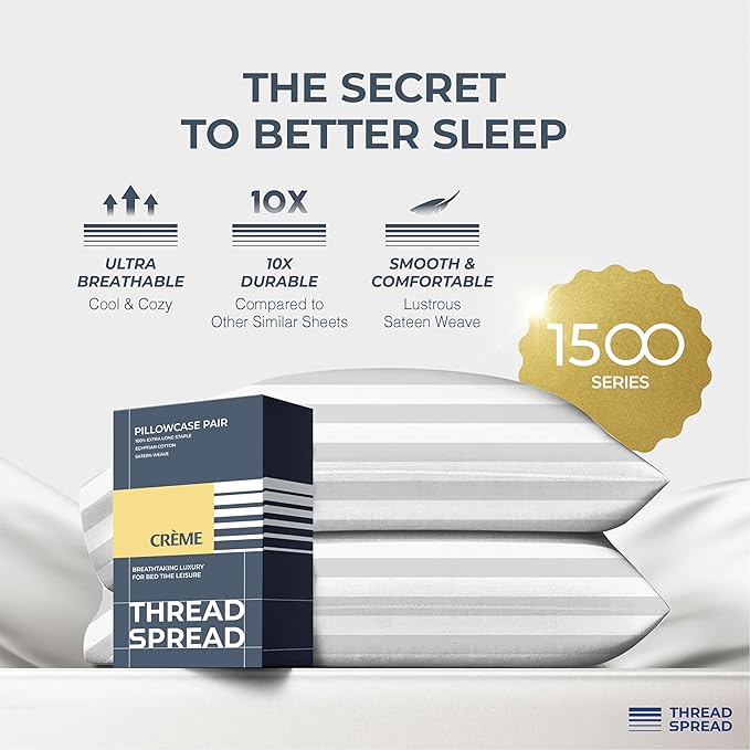 THREAD SPREAD 100% Egyptian Cotton Damask Pillow Cases Queen Size Set of 2 - Luxury 1500 Series Queen Pillow Cases (White Stripe), Soft Cooling Envelope Closure Hotel Egyptian Cotton Pillowcases