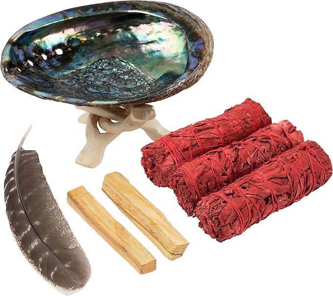 Wish Well Sage Smudge Kit - 3 Dragon's Blood Sage Sticks, 2 Palo Santo, 5-6" Abalone Shell, Stand, Feather - Cleansing House, Meditation, Energy Healing & Reiki, Perfect Starter Kit with Instructions