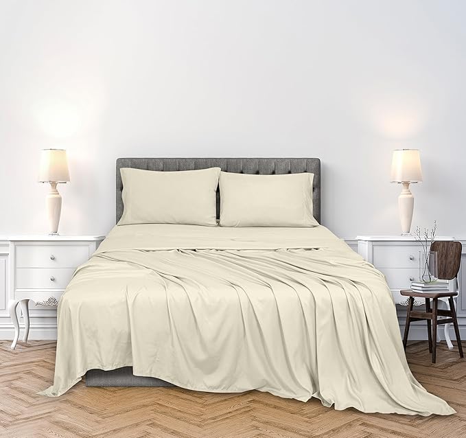 ROYALE LINENS 300 Thread Count 100% Long Staple Combed Cotton Sheet Set - 4 Piece King Bed Sheets - 1 Fitted, 1 Flat & 2 Pillow Cases - Soft Cool & Crisp Sheet Set (King, Ivory)