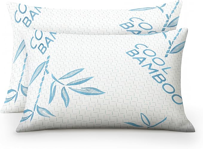 OMEO 2 Pack Bamboo Pillow Standard Size for Sleeping, Hypoallergenic Cooling Shredded Memory Foam Bed Pillows for Side, Back and Stomach Sleepers, Adjustable Loft and Washable Cover 20" x 26"