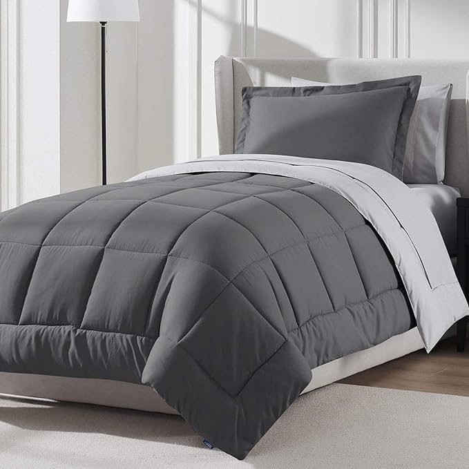 Nestl 7 Piece Twin Comforter Set – Dark Grey Reversible Bed in a Bag – Complete Twin Size Bedding Set with Sheets, Set of 2 Cooling Pillows, Pillowcase and Sham