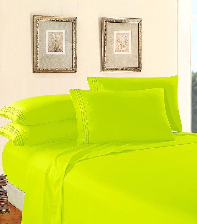 Elegant Comfort Luxury 1500 Premium Hotel Quality Microfiber 4-Piece Sheet Set - Wrinkle Resistant, All Around Elastic Fitted Sheet, Deep Pocket up to 16", California King, Lime