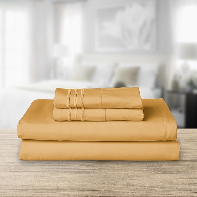 Elegant Comfort Luxurious 1500 Premium Hotel Quality Microfiber Three Line Embroidered Softest 4-Piece Bed Sheet Set, Wrinkle and Fade Resistant, Full, Camel-Gold