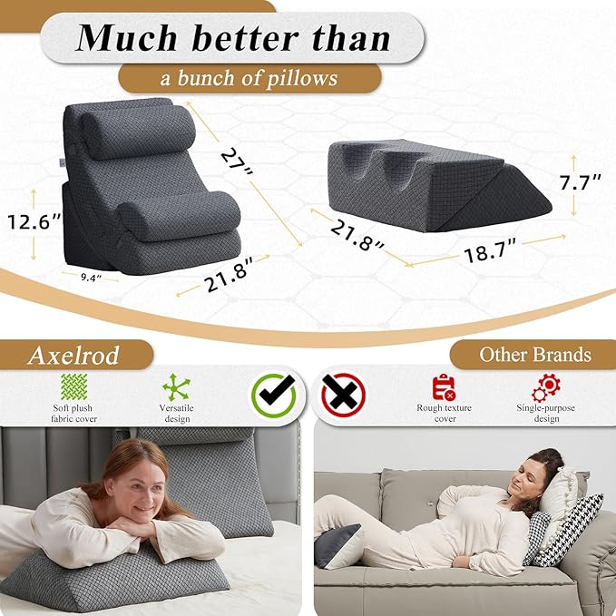 Axelrod 6PCS Orthopedic Bed Wedge Pillow Set, Post Surgery Foam for Back, Neck and Leg Pain Relief Comfortable & Adjustable Pillows- Anti Snoring, Heartburn, Acid Reflux & GERD Sleeping Melange Gray