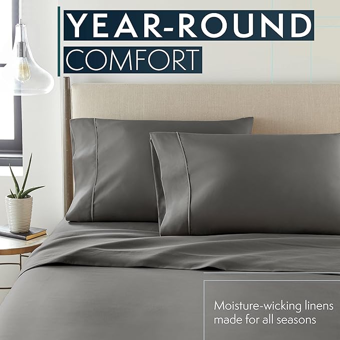 HC COLLECTION Bed Sheets Set King with 2 Pillowcases, Hotel Luxury Platinum 1800 Series Brushed Microfiber Sheet w/Deep Pocket, Ultra Soft Lightweight 4 Pcs Linen Bedding for Hot Sleepers, Gray