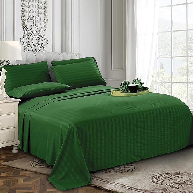 Elegant Comfort Softest and Coziest 6-Piece Sheet Set - 1500 Premium Hotel Quality Microfiber - Deep Pocket, Wrinkle Resistant 6-Piece Damask Stripe Bed Sheet Set, Queen, Hunter Green