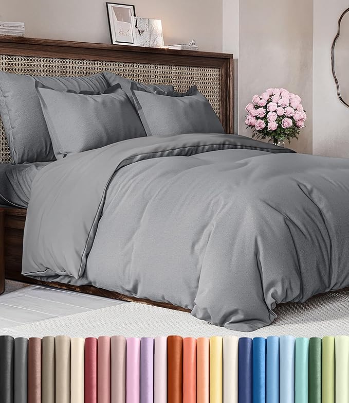 Duvet Cover Full Size Set - Extra Soft Full Duvet Cover 80" x 90" with 2 Pillow Shams - Hotel Luxury, Easy Care & Fade Free with Zipper Closures & Ties - Comfy, Cozy and Breathable (Heathered Grey)