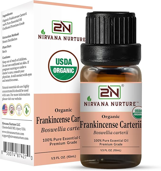 Frankincense Carterii Essential Oil, USDA Certified Organic, 100% Pure Undiluted, Aromatherapy Oil for Diffuser, Hair & Skin Care