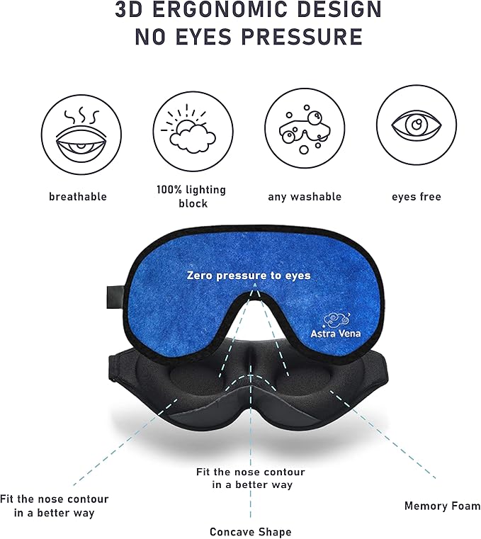 3D Sleep Mask for Kids, Light Block Sleeping Blindfold Memory Foam Contoured Eye Mask for Sleep, Adjustable Strap Eye Cover and Travel Sleep Mask for Boys Girls, Dark Blue