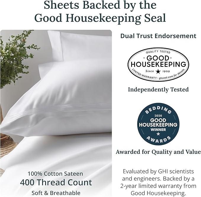 California Design Den Soft 100% Cotton Bed Sheets Queen Size Set, 400 Thread Count Good Housekeeping Award Winner, Silky Sateen with Deep Pockets, Long Staple Cotton Queen Bed Sheet Set - Sage Green