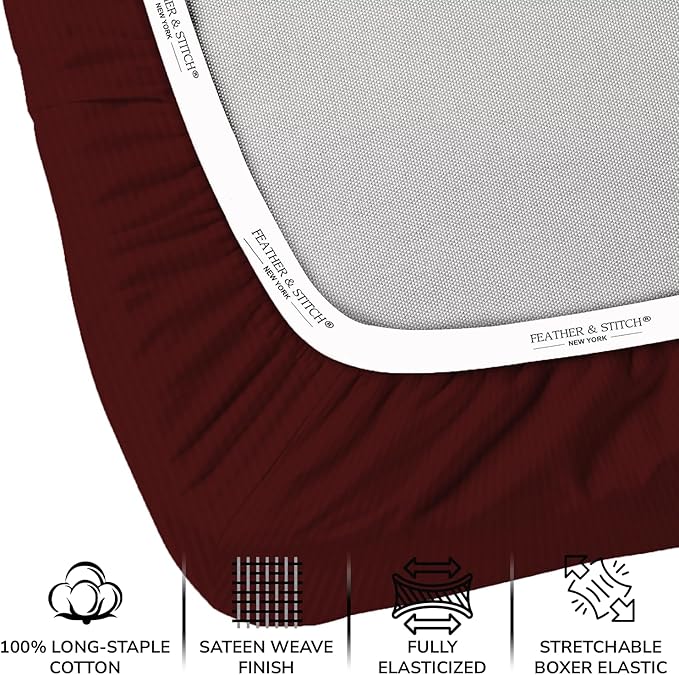 Feather & Stitch 500 TC King Size Damask Bed Sheet Set, 100% Cotton Soft Breathable Bedsheets, 4 Piece 18" Deep Pockets Sateen Weave Striped Bedding Mattress Resort Hotel Luxury- (Burgundy Stripe)