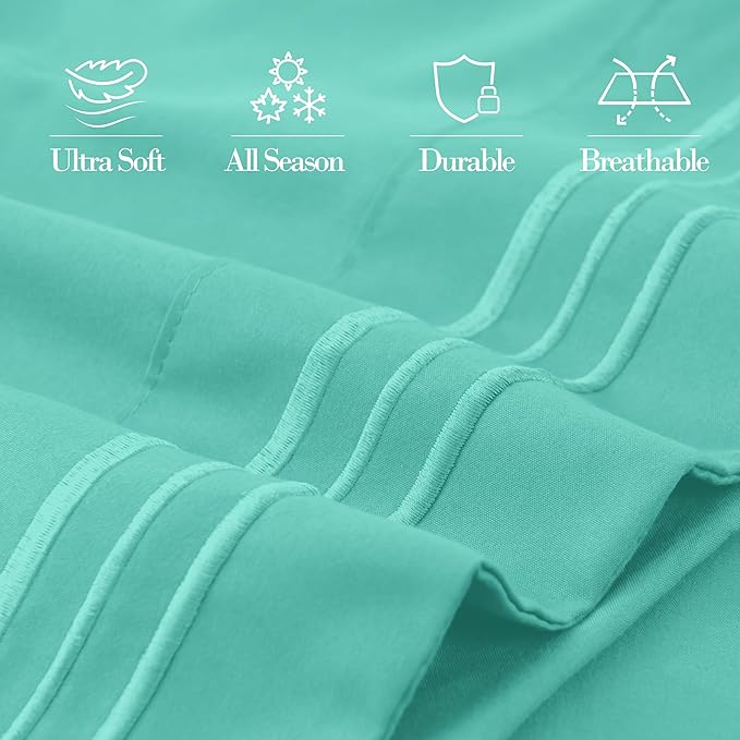 Mocassi 2-Piece Premium King Pillowcase Set 1800 Series Hotel Quality Microfiber - Soft and Breathable with 3-Line Embroidery Wrinkle and Stain Resistant, Easy Care, 20" x 40", Minted Aqua
