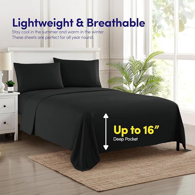 1500 Supreme Collection Queen Sheet Sets Black - Luxury Hotel Bed Sheets and Pillowcase Set for Queen Mattress - Extra Soft, Elastic Corner Straps, Deep Pocket Sheets, Queen Black