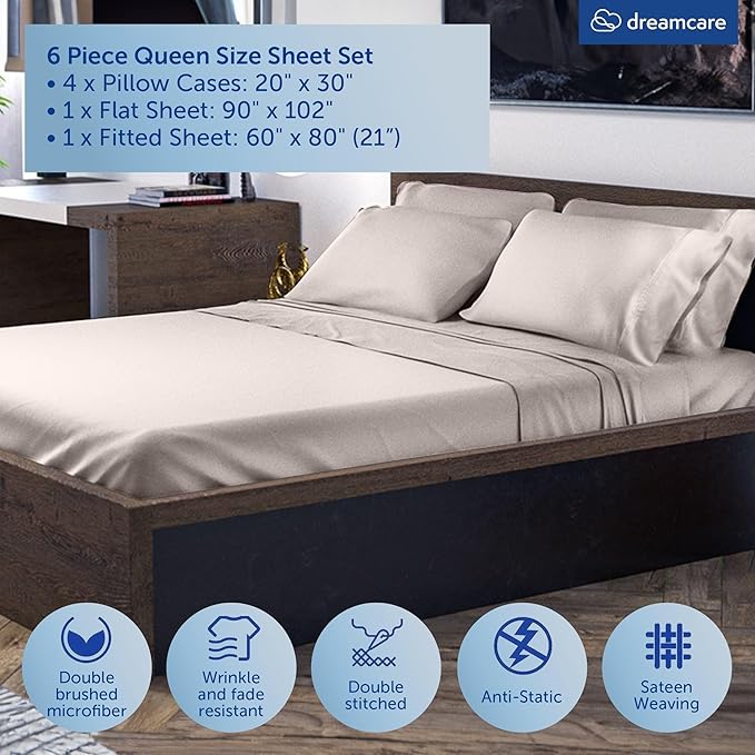 DREAMCARE Queen Sheet Set - 6 pcs Breathable Cooling Bed Sheets - up to 21" Extra Deep Pocket Queen Sheets Set with Side Pockets - Extra Soft 100% Brushed Hypoallergenic Hotel Luxury Bedding - Beige