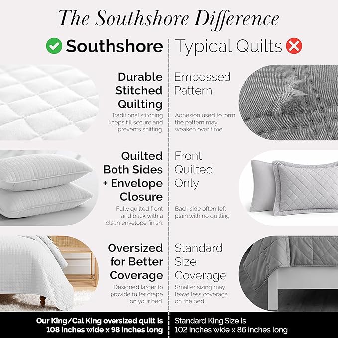 Southshore Fine Living, Inc. King Quilt Bedding Set with Shams, Coverlet Quilt King Size Bedspread, Luxury Bedding, Bed Spread for Kings/California Kings, Lightweight Quilted Coverlet, White Quilts