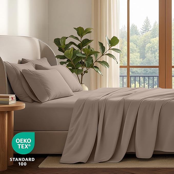 Bare Home Hotel Luxury Full XL Sheet Set, Extra Soft - 6 Piece Set - Deep Pockets - Easy Fit - Cooling & Breathable - Wrinkle, Fade, Stain Resistant - Includes 4 Pillowcases (Full XL, Taupe)