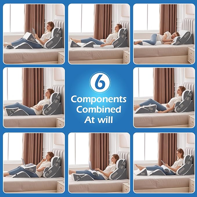 Ahpmeoa 6PCS Wedge Pillow Set for After Surgery, Orthopedic Bed Wedge Pillow for Headboard, Memory Foam Back Pillow for Bed Sitting Up, Sit Up Pillow for Acid Reflux Relief, GERD, Anti Snoring (White)