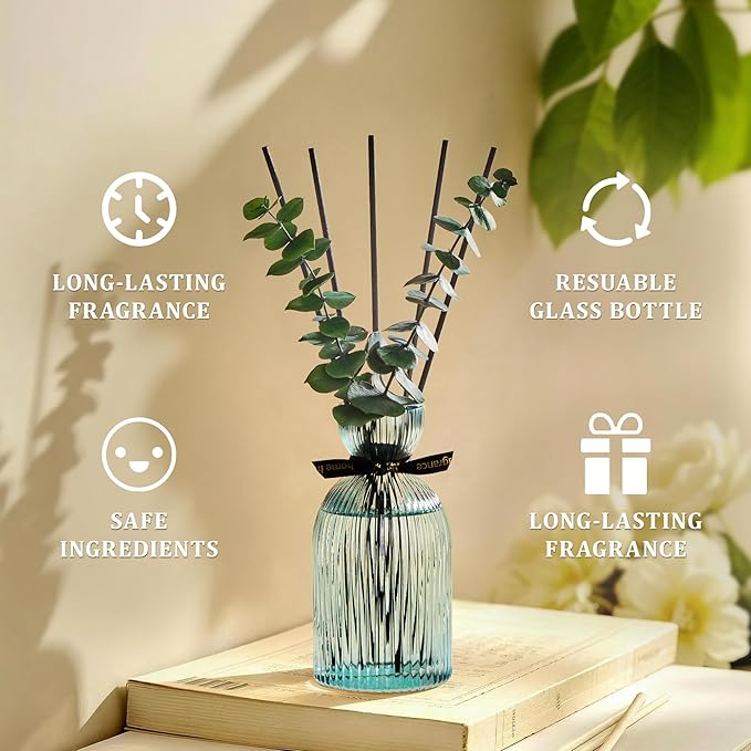 Airkeep Reed Diffuser Set 6.76 oz – Ocean Mist Home Fragrance with Eucalyptus Sticks – Decorative Glass Bottle for Bathroom, Bedroom & Living Room Décor – Gift Ready