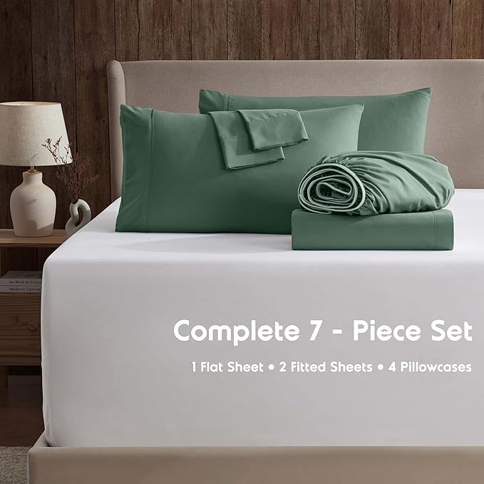 Nestl Extra Deep Split King Sheet Set - 7 Piece Breathable & Cooling Sheets - Hotel Luxury Bedding Set w/18-24 Inch Deep Pockets - Easy & Secure Fit - Super Soft, Wrinkle Free & Comfy - Dark Green