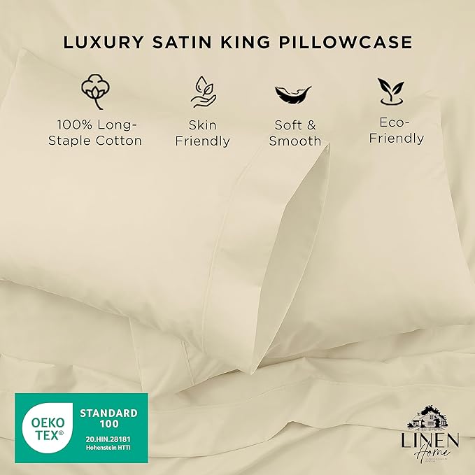 Linen Home 600 Thread Count King Pillowcase Set | 100% Long-Staple Cotton Pillow Cases | Soft & Smooth Luxury Satin Set of 2 Pillowcases | 4 Inch Z Hem | Ivory